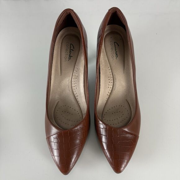 Clarks Kataleyna Rose Pump Brown Croc Leather Slip On Low Flared Heel Women 10 W - Picture 9 of 15